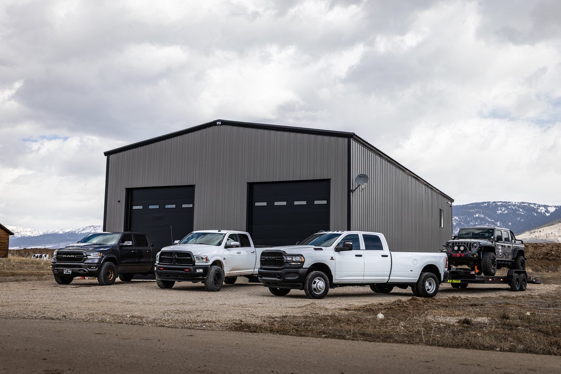 Lineup of Ram Heavy Duty pickup trucks ready for service and maintenance